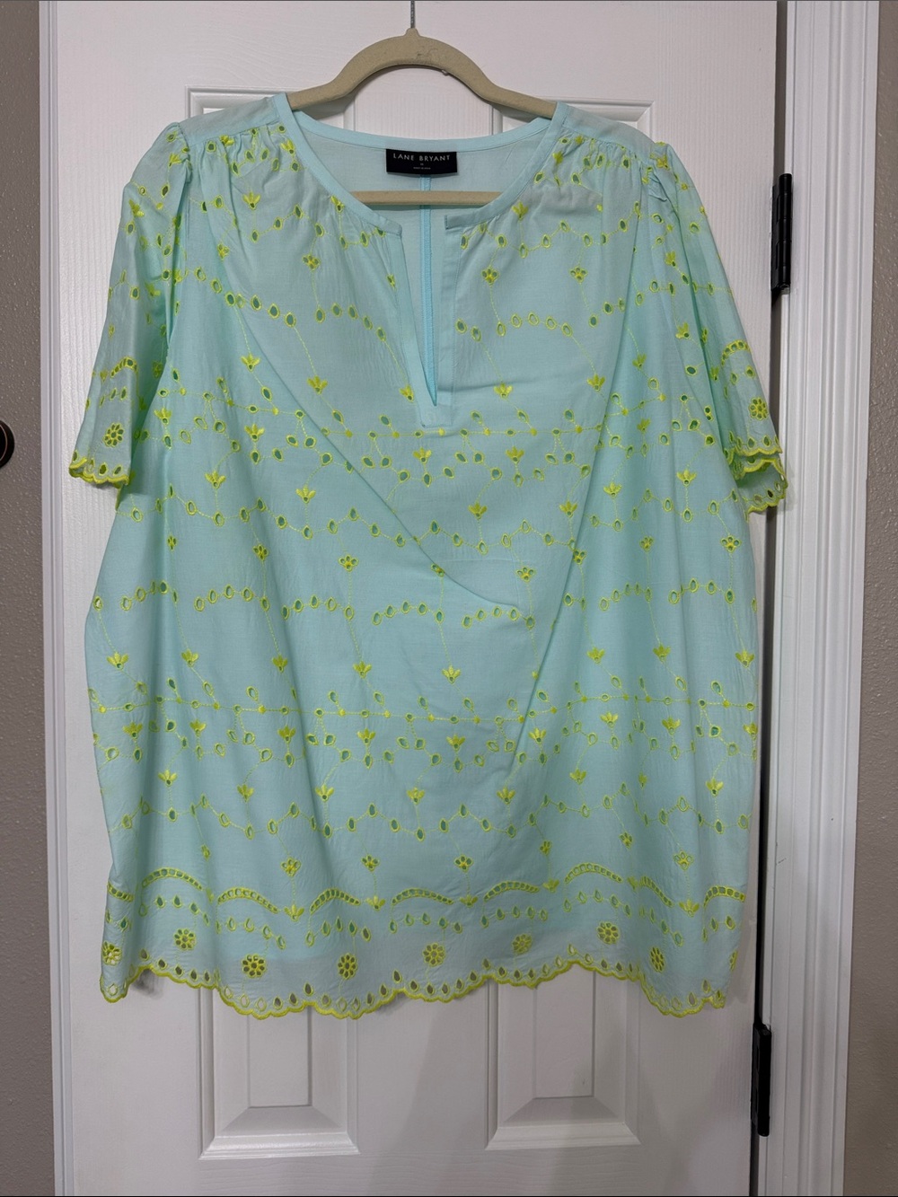 Lane Bryant Mint Top with Yellow Eyelet Embroidery